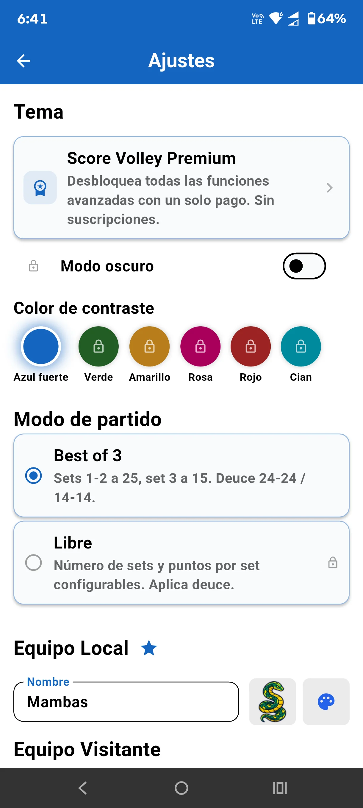 Ajustes de la versión gratuita de Score Volley