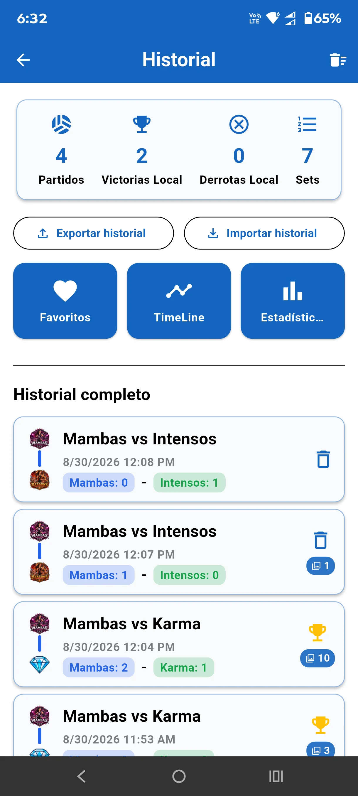 Historial de partidos y accesos a estadísticas en Score Volley