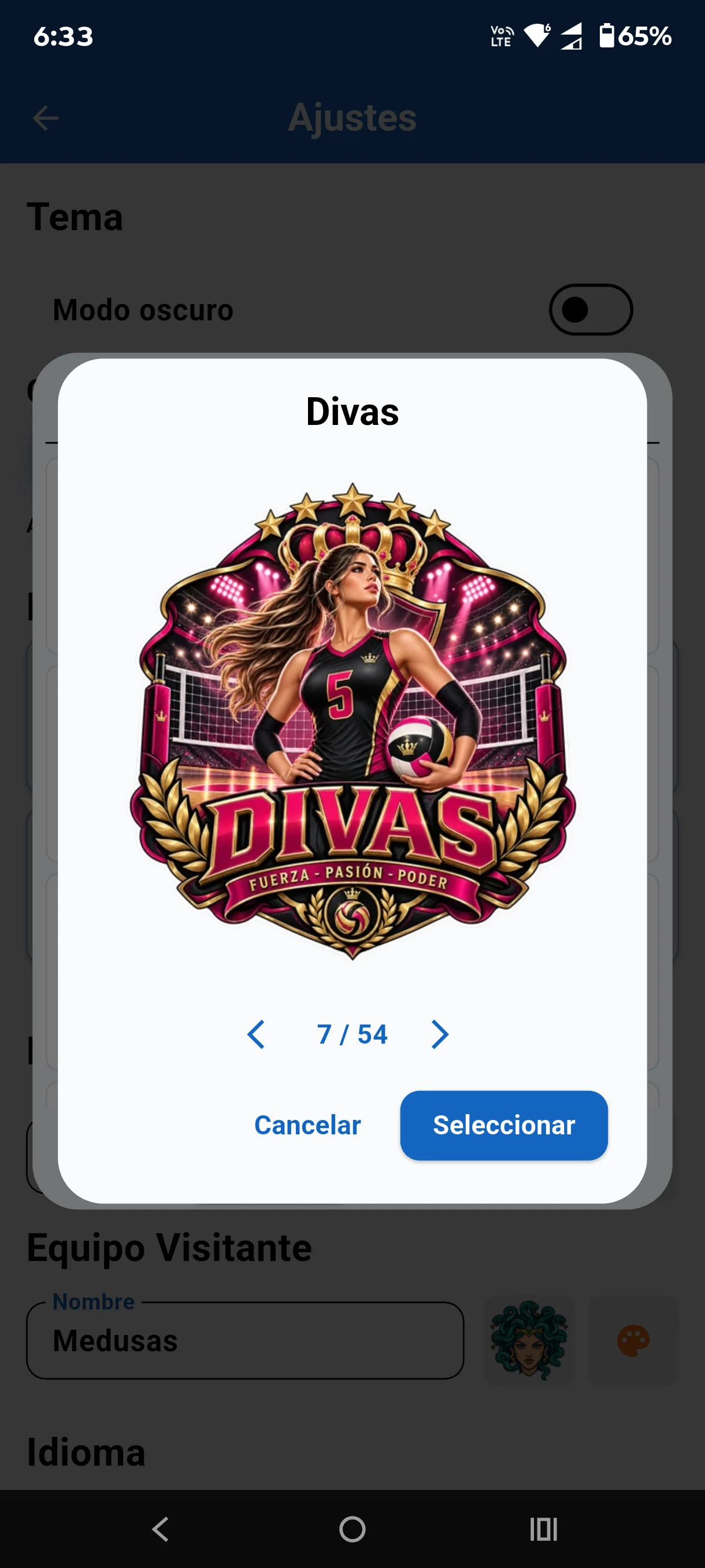 Selección de logos para equipos en Score Volley